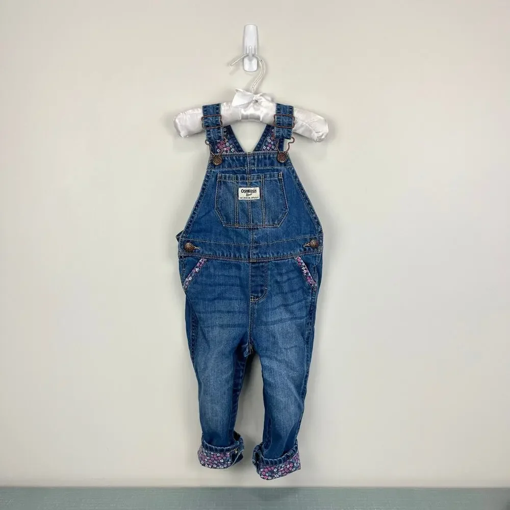 OshKosh B'gosh Floral Cuff Blue Jean Overalls 24 Months